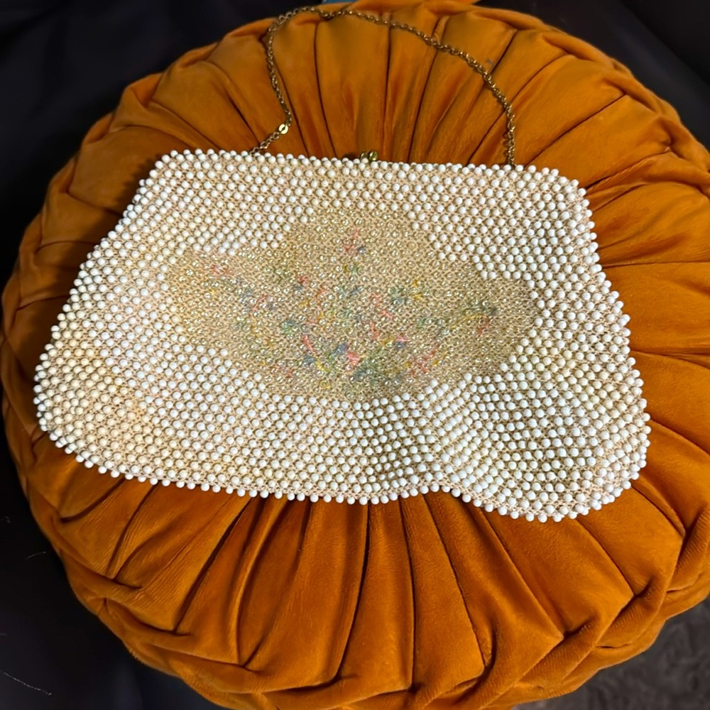 Vintage 1950s Corde Bead by Lumured White Caviar Beaded Handbag